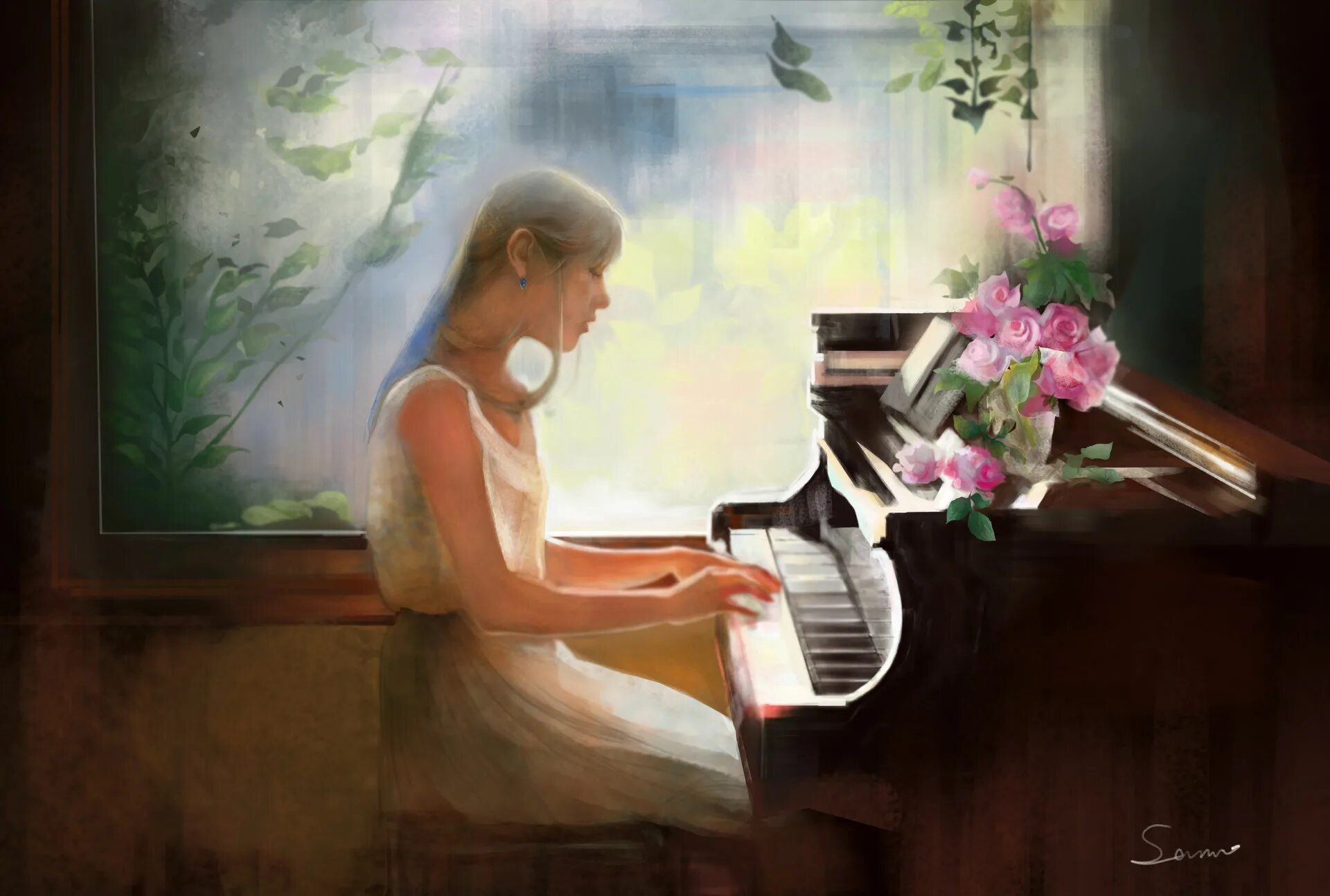 Веселые лирические. Рояль в живописи. Девушка за пианино живопись. Девушка за пианино картина. Пианино и цветы живопись.