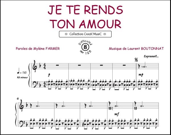 Ноты для фортепиано je te rends ton amour. Je rends ton amour