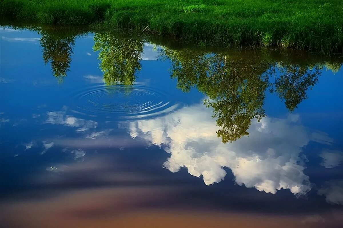 Вода едва блестела в реке. Отражение неба в воде. Отражение неба в реке. Отражение неба в озере. Облака в реке.