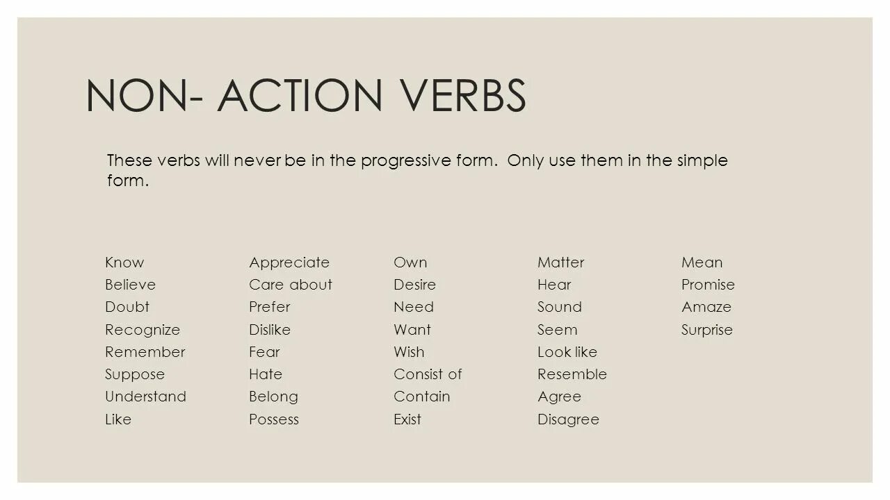 Hear meaning. Action and non-Action verbs таблицы. Non Action verbs список. Глаголы non-Action verbs. State verbs таблица.