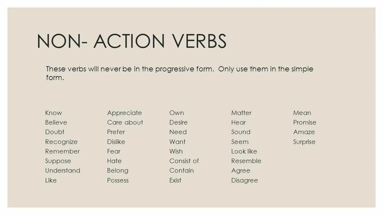 Actions rules. Action and non-Action verbs таблицы. Non Action verbs список. Глаголы non-Action verbs. State verbs таблица.