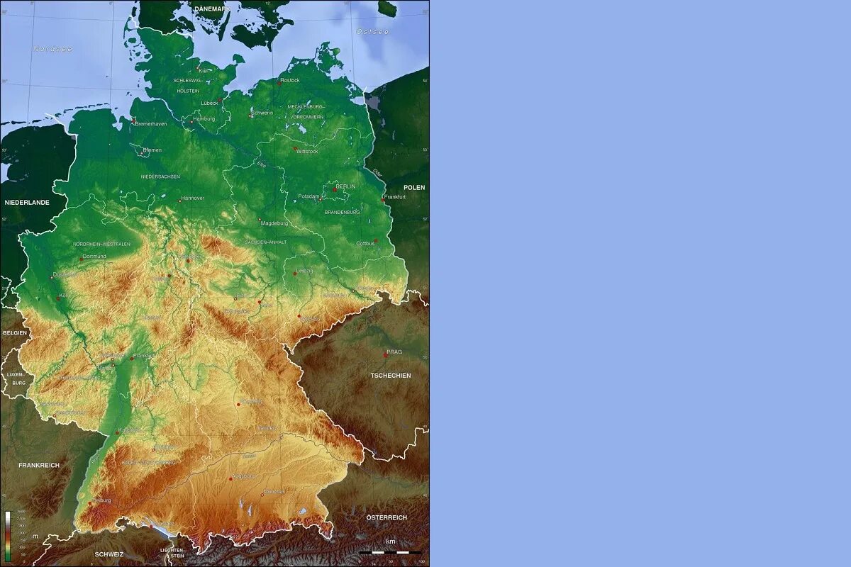 Климатические условия в разных частях германии. Карта рельефа Германии. Рельефная карта Германии. Ландшафт Германии карта. Природная карта Германии.