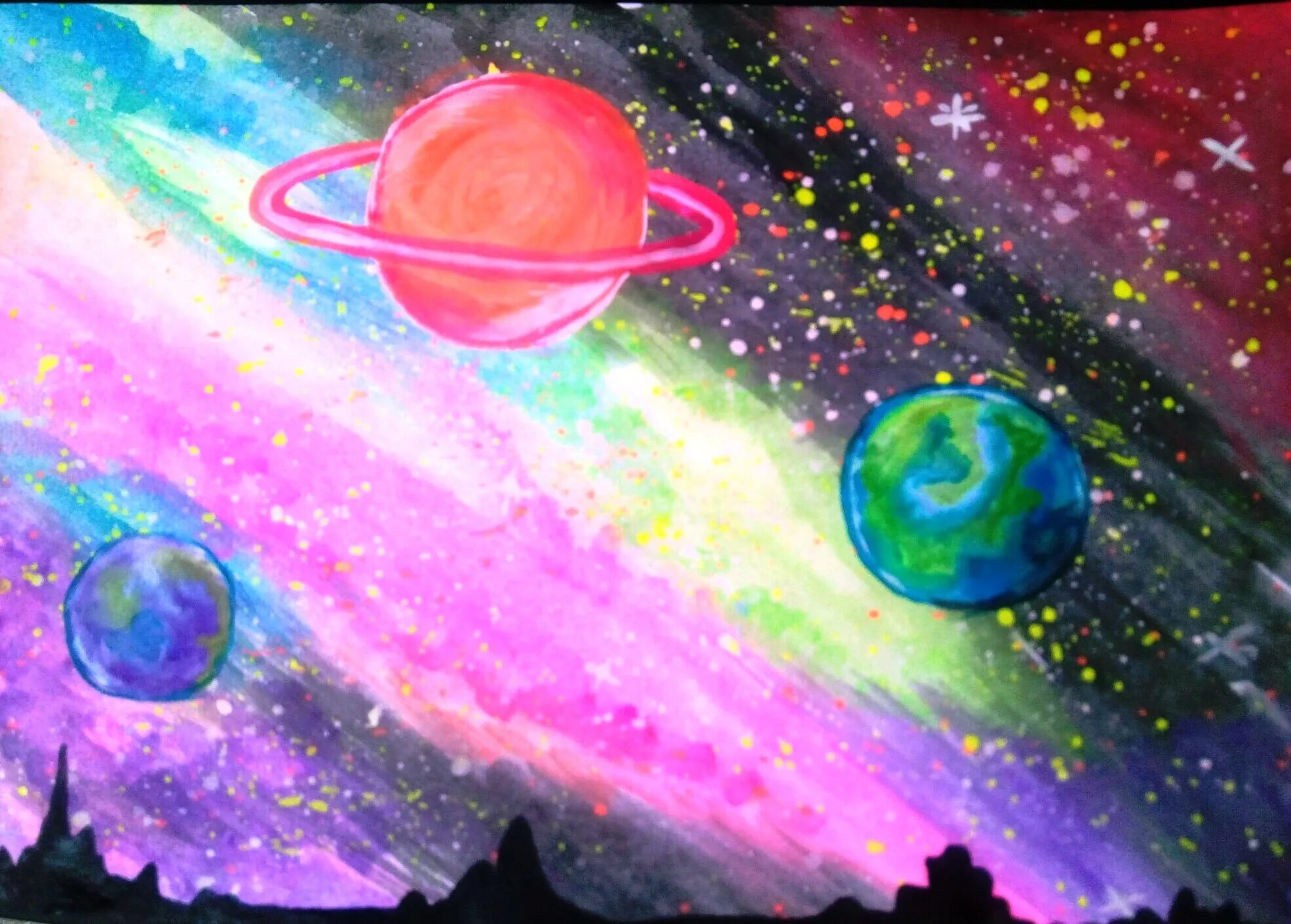 Космос гуашью. Рисунок на тему космос. Космос красками для детей. Космический пейзаж. Рисунок космос 7 лет