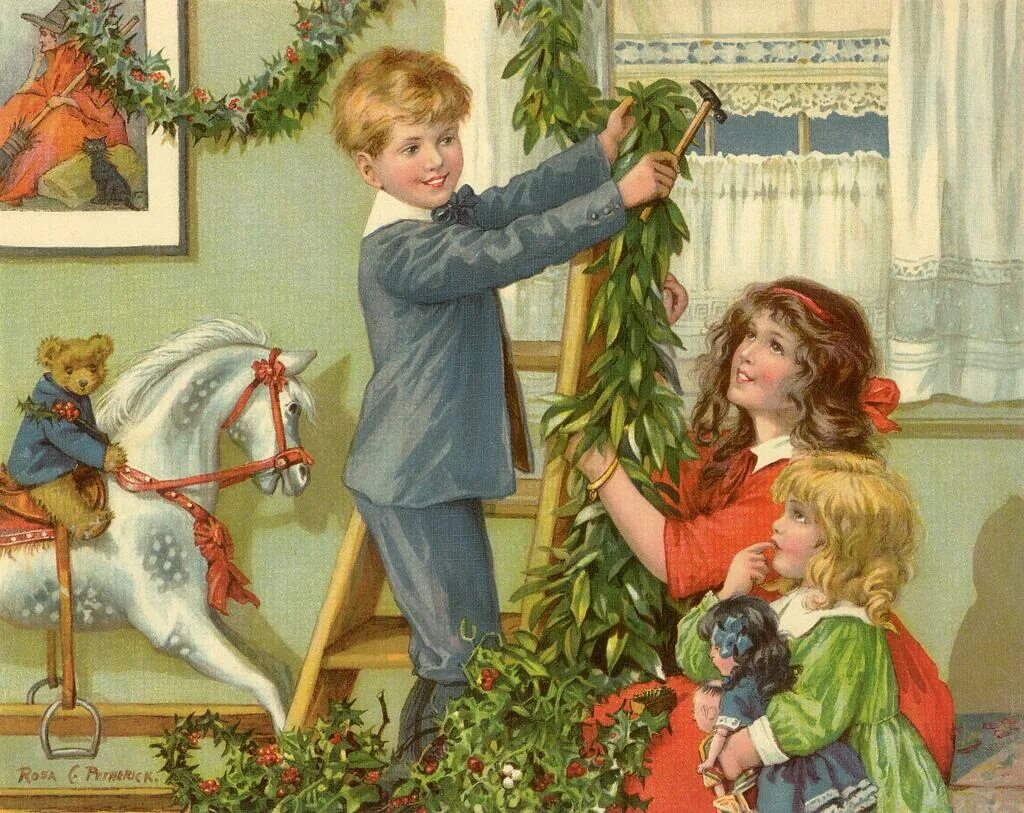 В старину на новогодних елках. Дети наряжают елку. Дети украшают елку. Рождество иллюстрации. Старинные новогодние и Рождественские традиции.