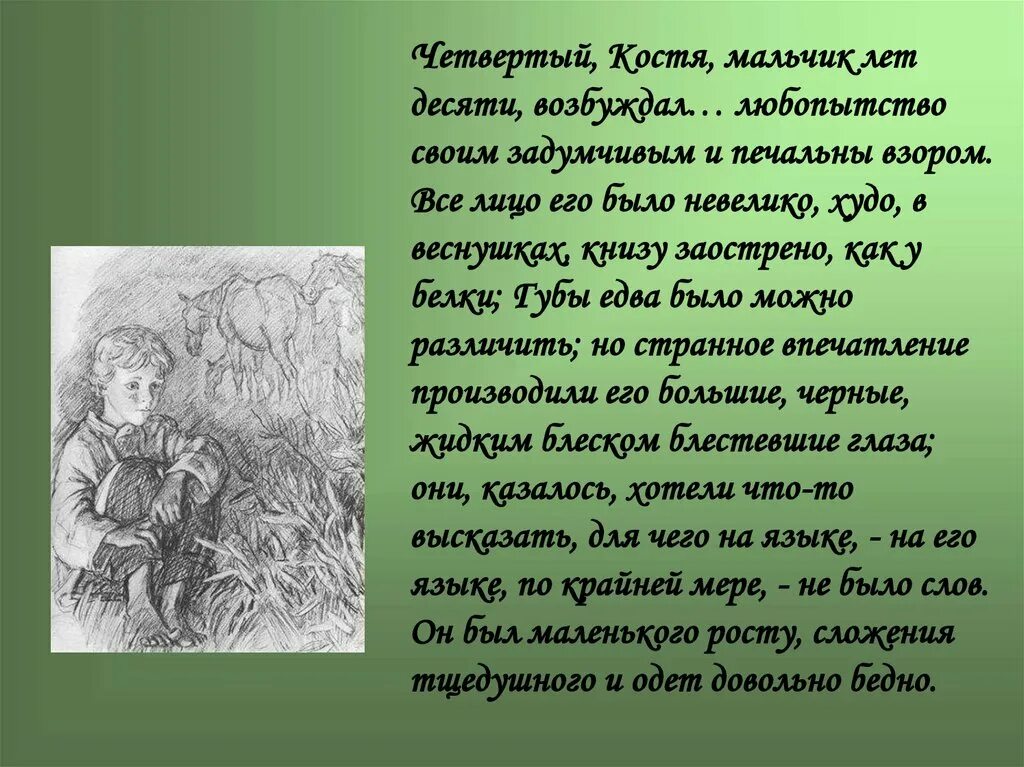 Костя возбуждал мое любопытство. Лицо невелико худо в веснушках Бежин луг. Четвертый Костя мальчик лет десяти возбуждал мое любопытство. Задумчивый и печальный взор. Четвёртый Костя мальчик лет десяти.