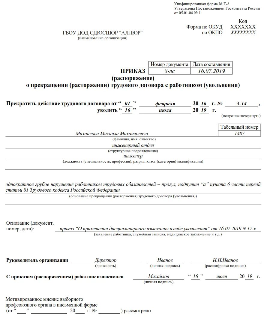 Увольнение в связи с расторжением трудового договора. Приказ об увольнении по инициативе работодателя образец. Запись в трудовой при увольнении в связи со смертью работника. Образец заполнения приказа об увольнении по собственному желанию. Увольнение по истечению срока трудового договора приказ.