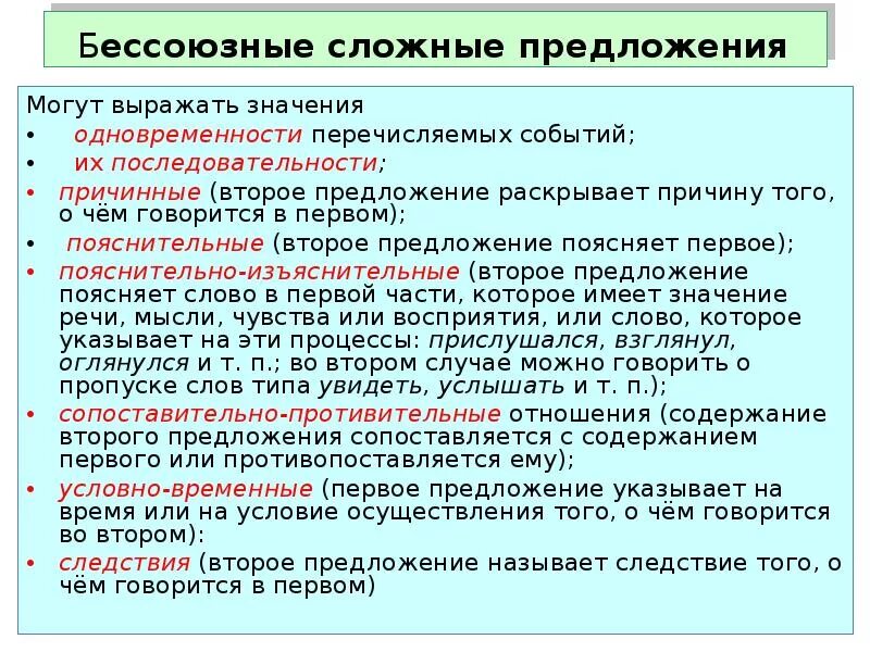 Бсп значение сравнения. Без союзнюе сложные предложения. Бессоюзное сложное предложение. Пояснительное Бессоюзное предложение. Бессоюзное предложение со значением пояснения.