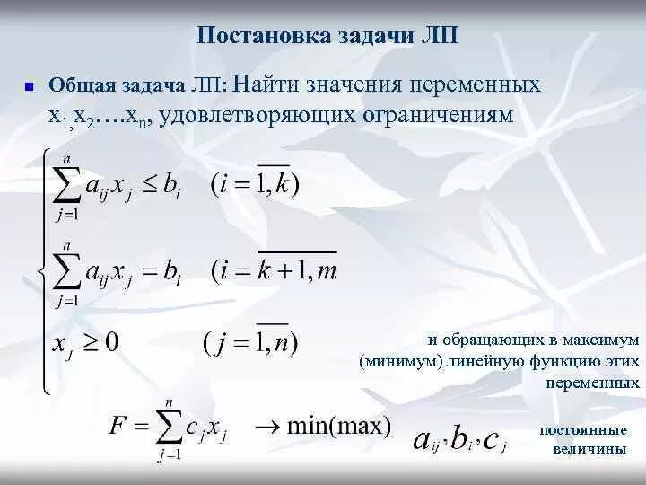 Тест постановка задач. Постановка задачи ЛП. Общая постановка задач ЛП. Задачи на максимум и минимум. Общий вид задачи ЛП.