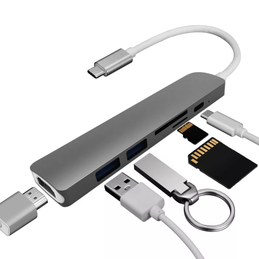 Thunderbolt 2 USB Hub. USB-хаб 6в1 HDMI Type-c для макбук. USB Hub (концентратор) 6 в 1, Hoco HB 28, штекер Type-c - гнёзда HDMI + USB3.0 + USB2.0 + SD + TF + PD. USB Hub концентратор Type c.