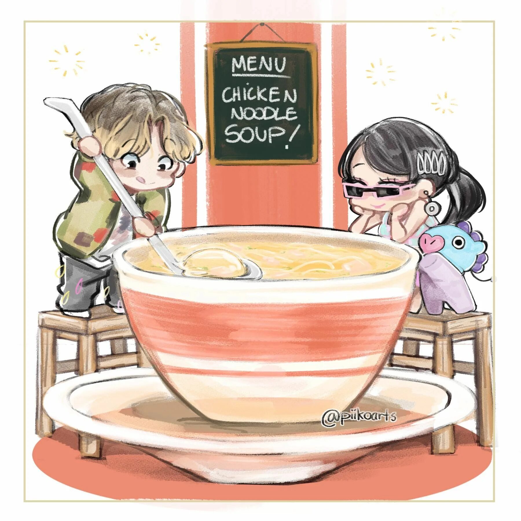 Бтс суп 1. Хосок Чикен нудл суп. Суп иллюстрации красивые. БТС Chicken Noodle Soup. BTS Чиби Хосок Chicken Noodle Soup.