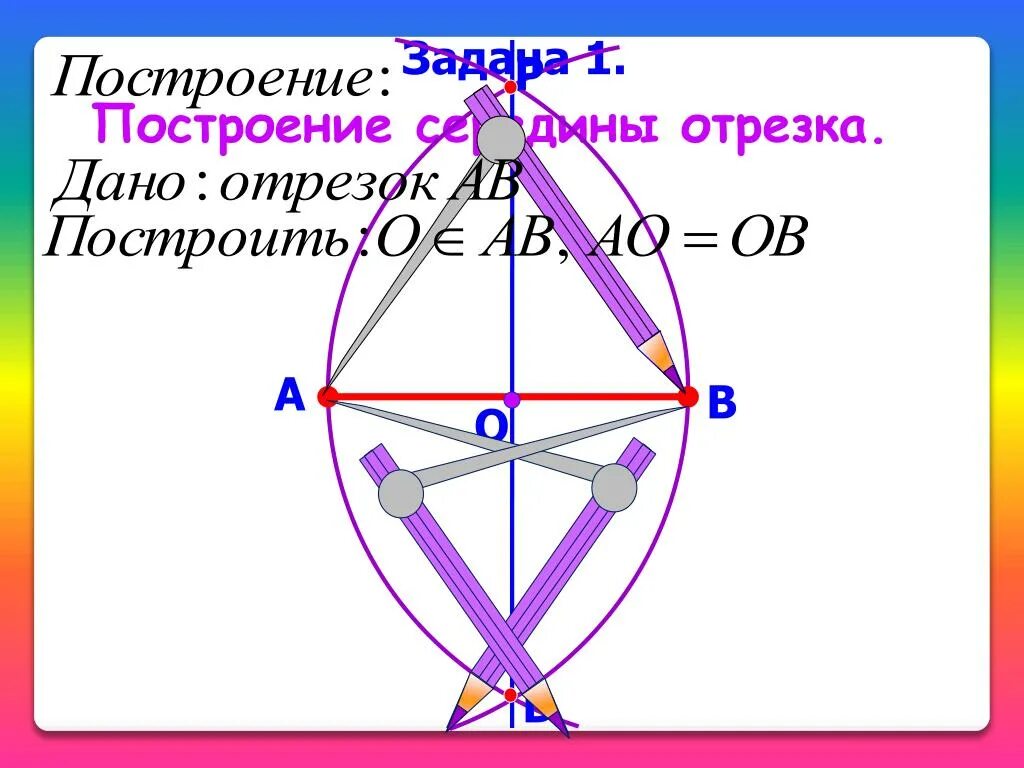 Построение отрезка равного данному построение середины отрезка. Построение середины отрезка. Задача на построение середины отрезка. Построение циркулем и линейкой середины отрезка. Алгоритм построения середины отрезка.