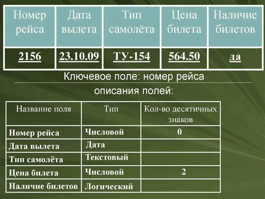 Название ключевого поля. Тип поля Дата. Типы полей номер. Номер рейса Дата. Типы данных для полей.