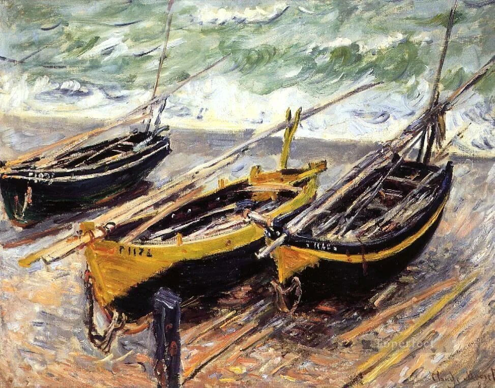 Картина Клода Моне рыбацкие лодки. Три рыбацкие лодки Моне.