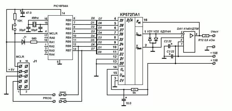 Микроконтроллер pic16f84a. Цифроаналоговый преобразователь кр572па1. микроконтроллер pic16f84a распиновка. цап 572па1 схема. к572па2 схема.