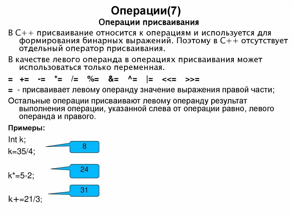 Оператор присваивания c++. Операция присваивания с++. Арифметические операции с присваиванием с++. Какие действия выполняет оператор присваивания c++.