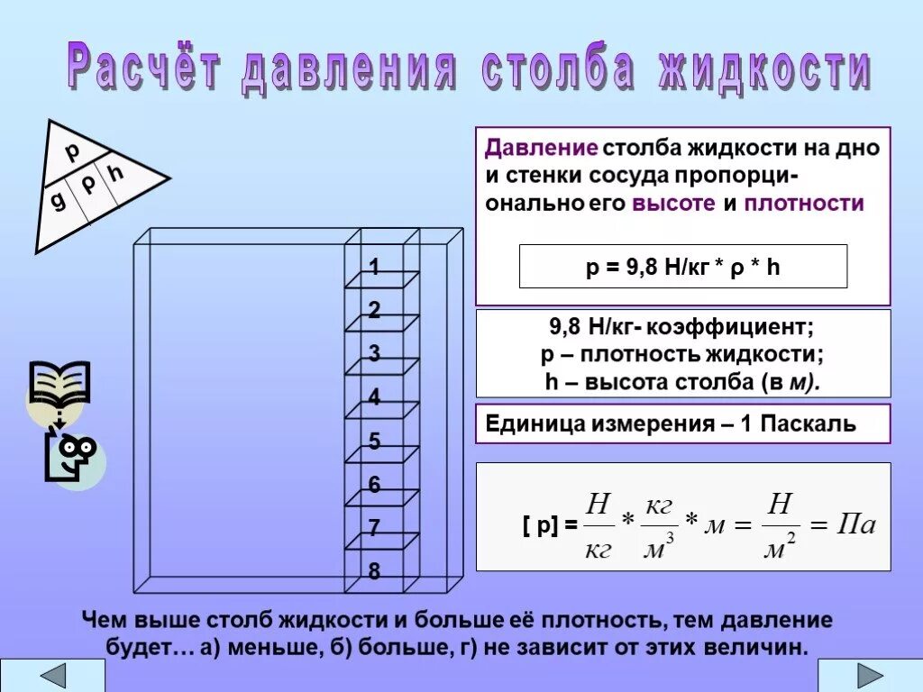 Давление столба жидкости на стенки сосуда. Как рассчитать давление воды. Формула для расчета давления жидкости. Как вычислить давление жидкости. Как вычислить давление столба жидкости.