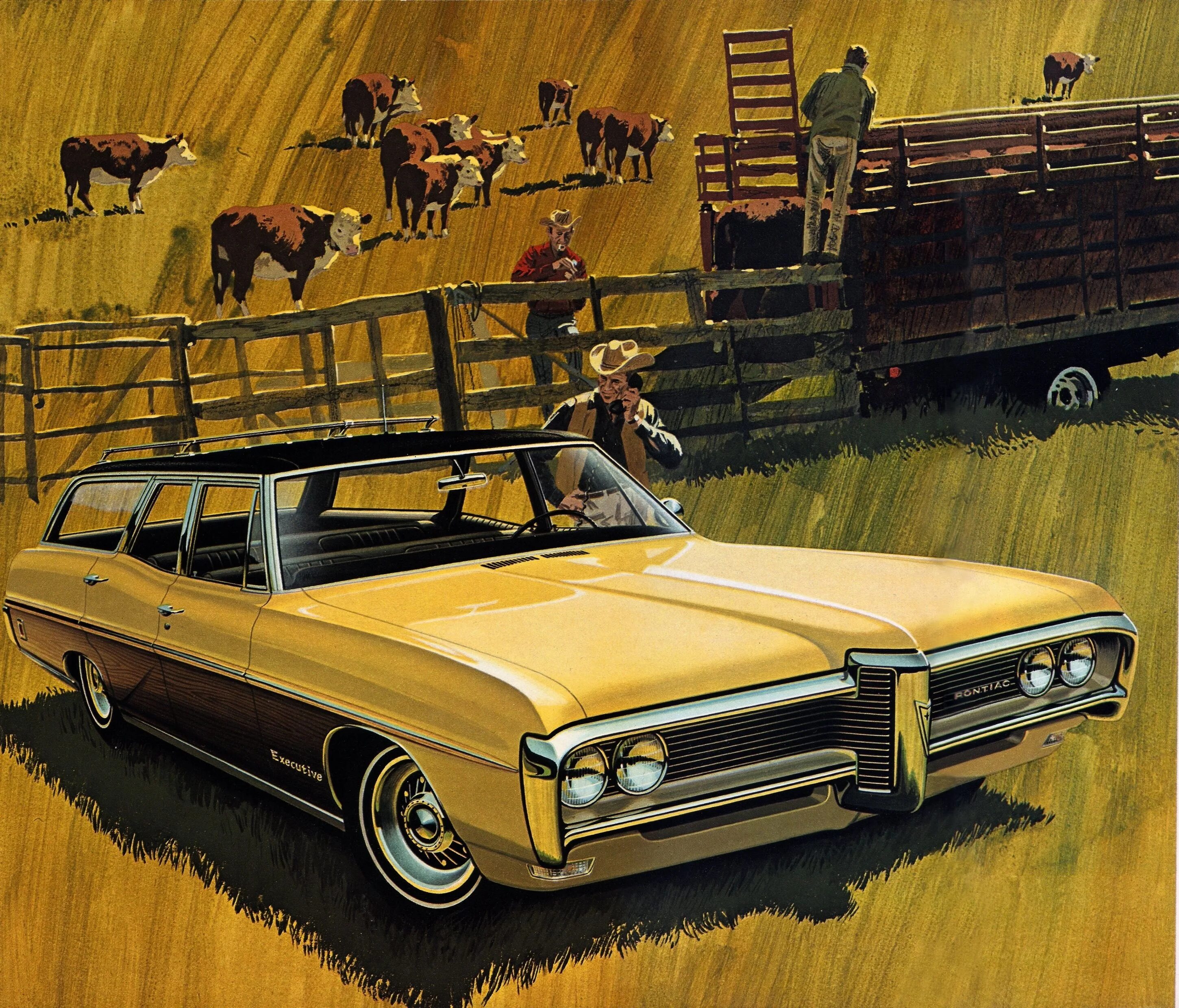 Car poster. Pontiac Safari 1968. Art Fitzpatrick and van Kaufman. Постеры с американскими машинами. Американские автомобили арт.