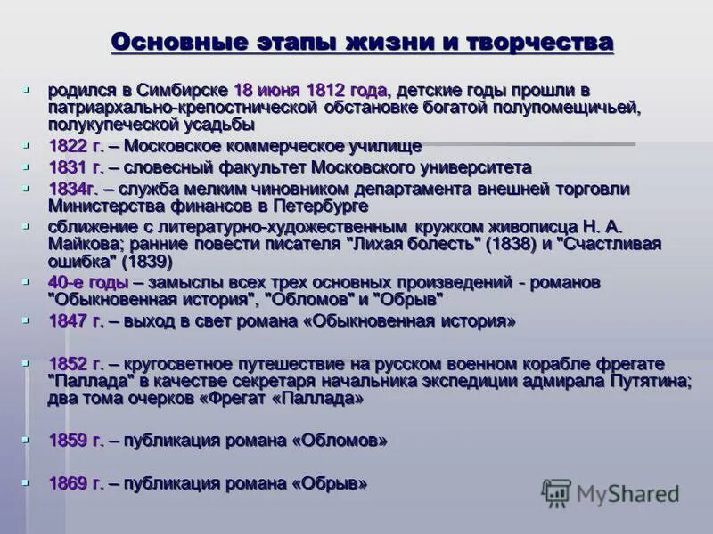 Основные события в произведении. Основные этапы творчества Гончарова. Основные этапы жизни и творчества. Этапы жизни Гончарова. Основные этапы жизни Гончарова.