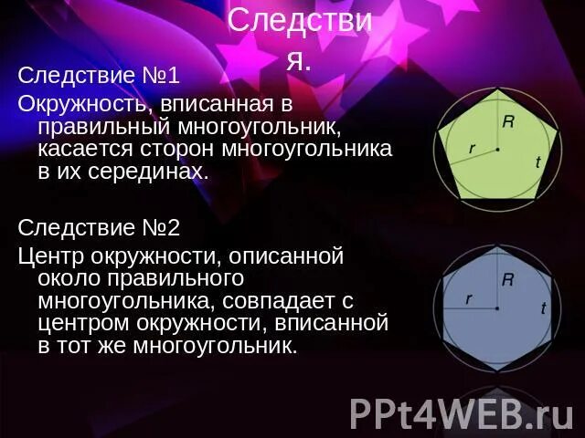 Окружность вписанная в правильный многоугольник. Окружность вписанная в правильный многоугольник доказательство. Следствие окружности вписанной в правильный многоугольник. Правильные многоугольники 9 класс. Следствие 1 окружность вписанная в правильный многоугольник.