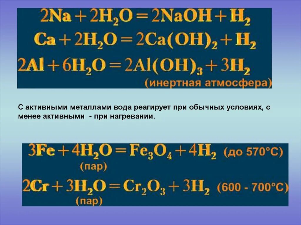 Вода реагирует с менее активными металлами при нагревании. Реакция воды с менее активными металлами. Реакция воды с активными металлами. Активные металлы с водой. Цинк реагирует с водой с образованием