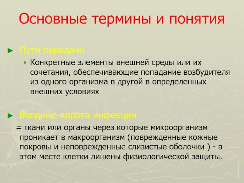 Конкретное сочетание элементов внешней среды обеспечивающие перенос. Попадание возбудителя во внутренние среды организма.. Элементарный путь попадания возбудителя в организм. Совокупность проводников образующих основной путь передачи.