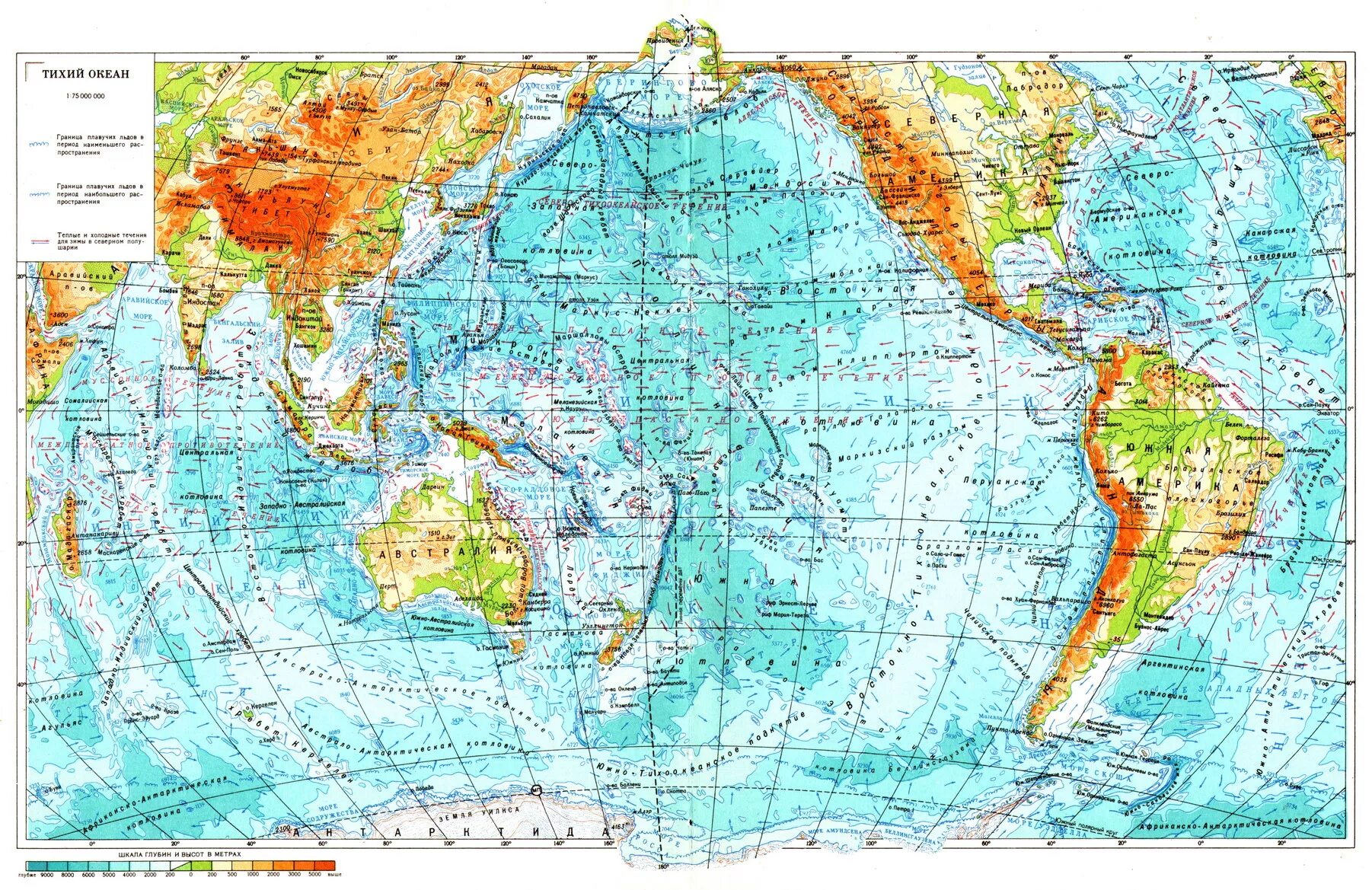 Карта Тихого океана с морями заливами и проливами. Физическая карта Тихого океана. Тихий океан на карте. Тихий океан физическая карта подробная.
