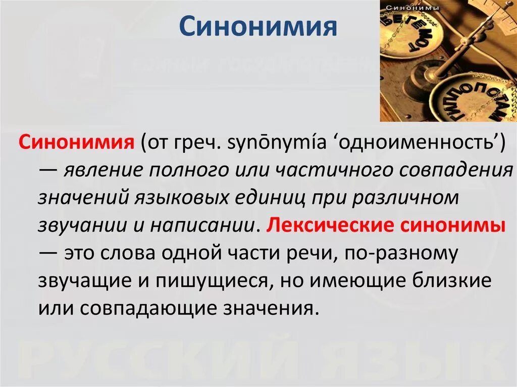 Синонимия. Понятие синонимии. Синонимия терминов. Лексическая синонимия примеры.