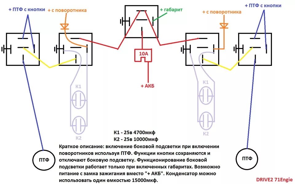 Почему моргает свет при включении. Схема подключения противотуманок с поворотниками. Включение туманки при включении поворотника. Схема боковых поворотников на ВАЗ 2114. Включение противотуманки при включении поворота.