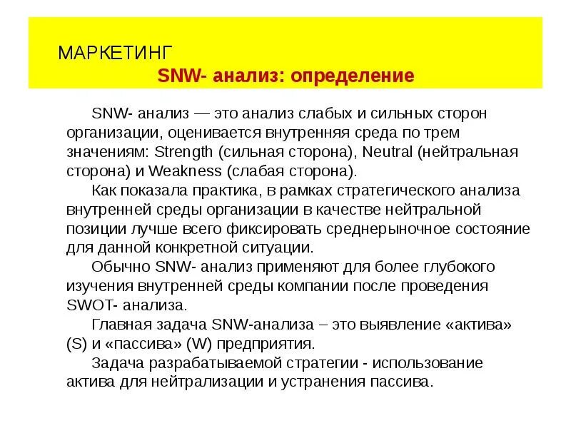 Snw анализ. SWN анализ. Метод анализа слабых мест. Слабый маркетинг это.