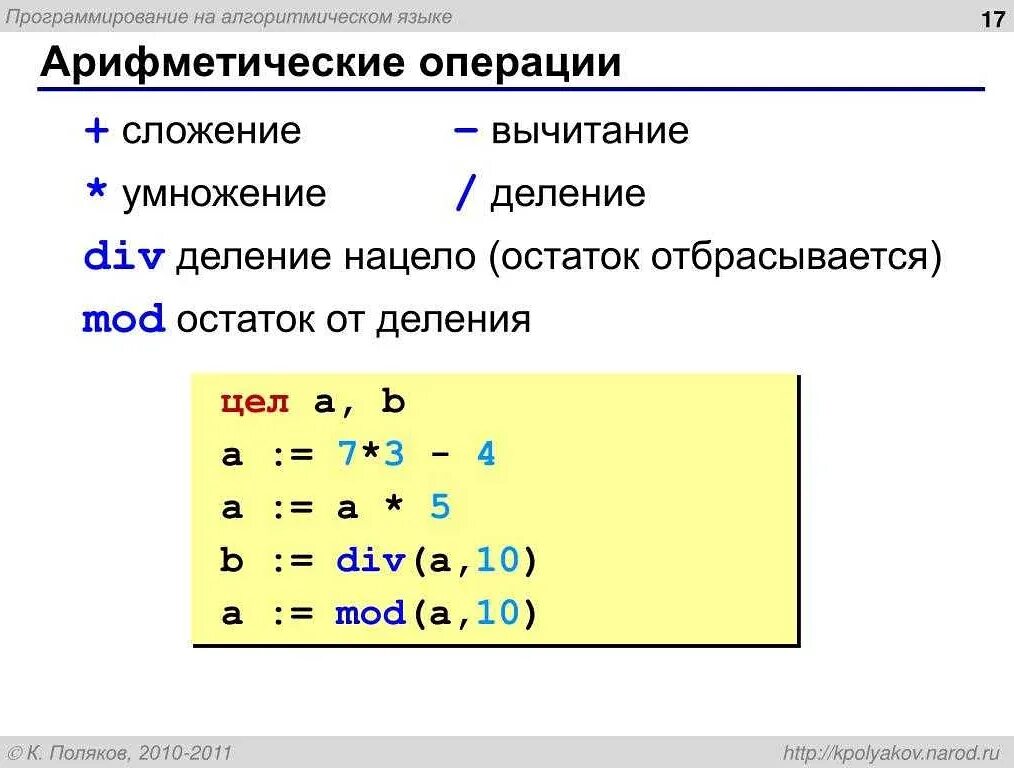 Операции div и mod. Деление в алгоритмическом языке. Арифметические операции. Сложение вычитание умножение деление. Знаки в программировании.