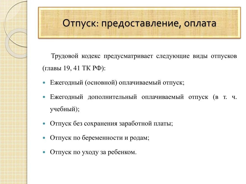 Основной отпуск тк. Виды отпуска по трудовому кодексу. Отпуск ежегодный оплачиваемый по трудовому кодексу. Статья 121 ТК РФ отпуск без сохранения заработной платы. Ст 121 ТК.