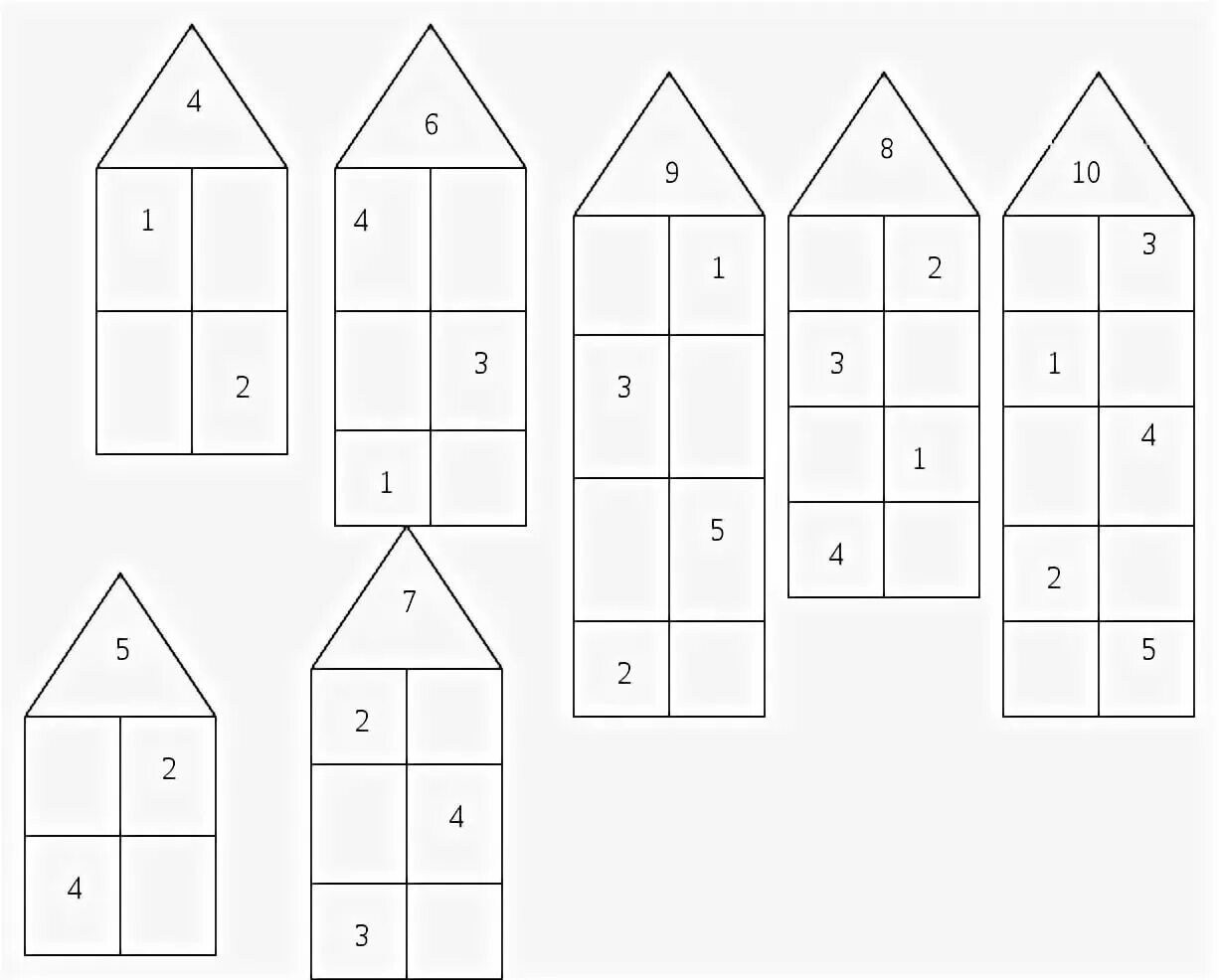 Карточки состав чисел 11 20 распечатать. Числовые домики состав числа. Числовые домики состав числа до 10. Пустые домики числовой состав чисел. Состав числа 10 числовые домики.