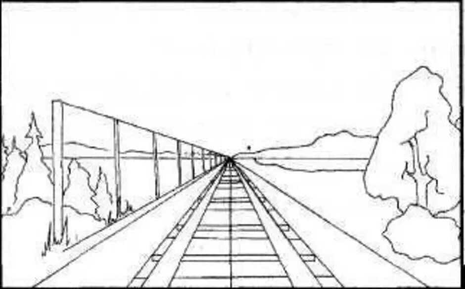 Линейная перспектива (дорога, столбы, дома), карандаш. Линейная перспектива уходящая вдаль железной дороги. Линейная перспектива дорога. Линейная перспектива гор холмов.