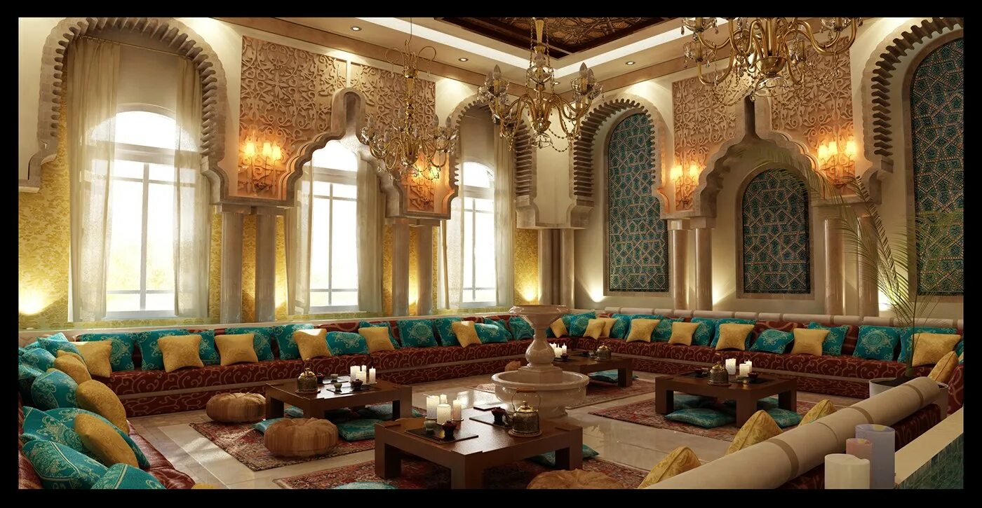 Арабский дворец Марокко. Al Majlis Дубай. Гостиная в арабском стиле. Арабский стиль в интерьере.