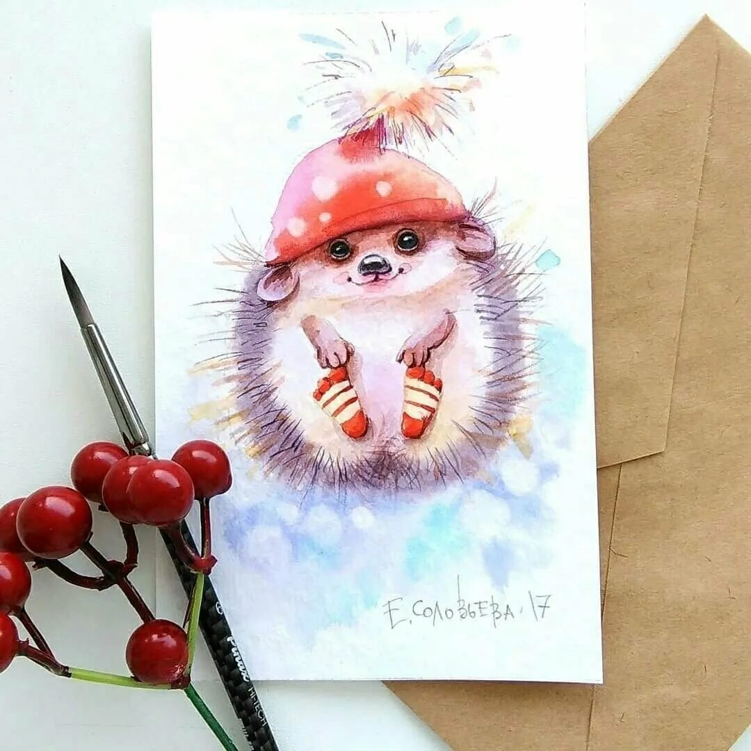 Новогодняя открытка акварелью для детей. Иллюстрαтор евгения соловьева. акварельные открытки. акварельные новогодние открытки. открытки на новый год акварелью.