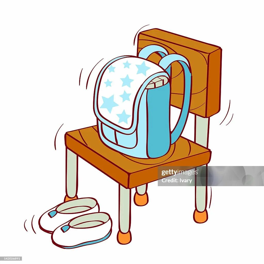 The bag on the table. Bag under the chair. backpack on the chair. school bag on the table. pencil is on the chair.
