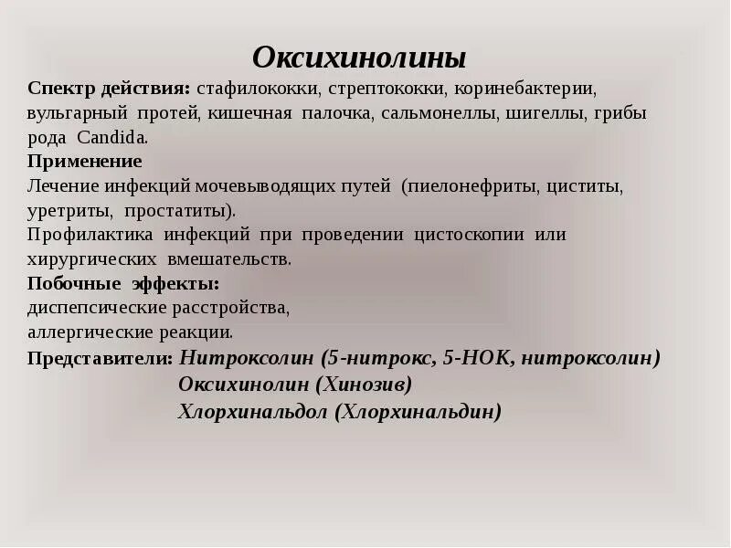 Оксихинолины. Производные оксихинолина. Нитроксолин спектр действия. Оксихинолин препараты. Применение групп ли