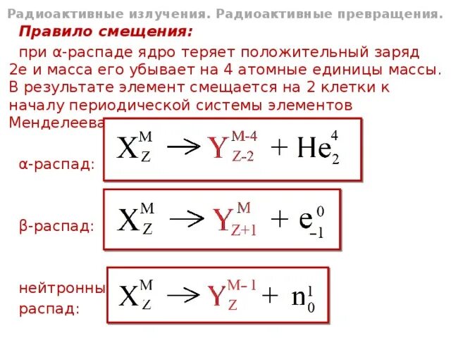 Правило распада. Бета расппад правильсмещения. Законы смещения Альфа и бета распада. Тип радиоактивного распада таблица. Правило смещения для бета распада.