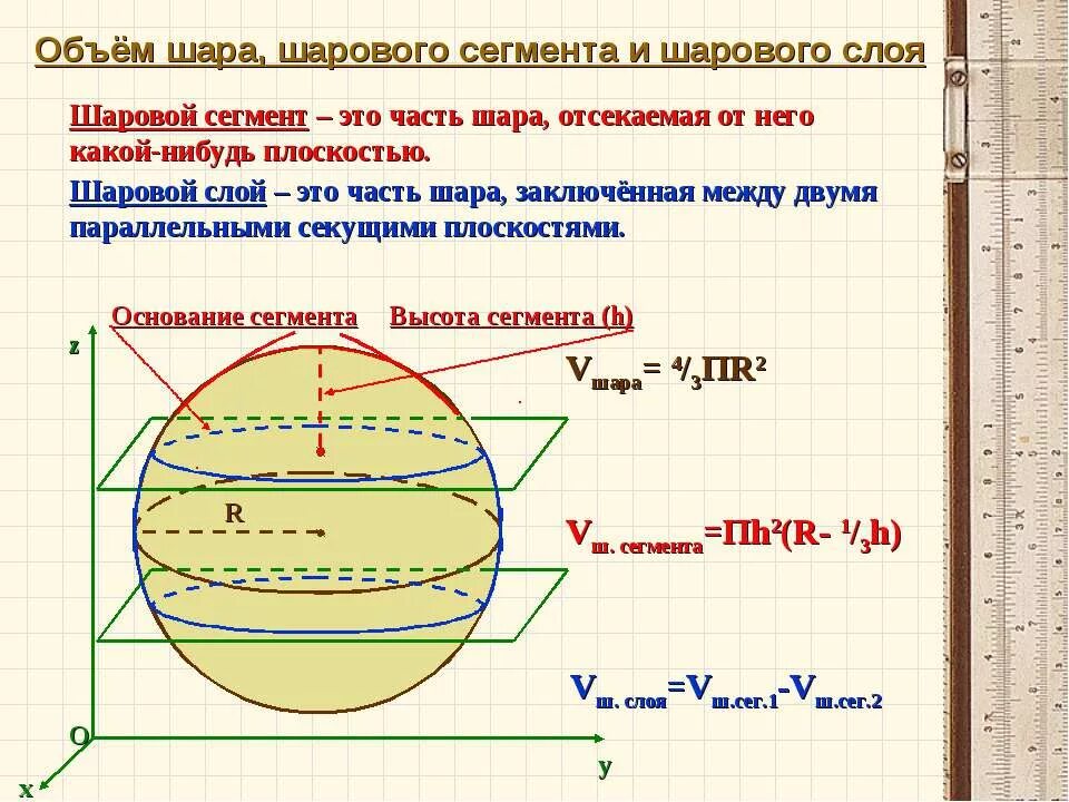 Формула площади сферического сегмента. Объем части шара формула. объем шара и его частей формулы. объем слоя шара формула. формулы площади сферы объема шара и его частей.