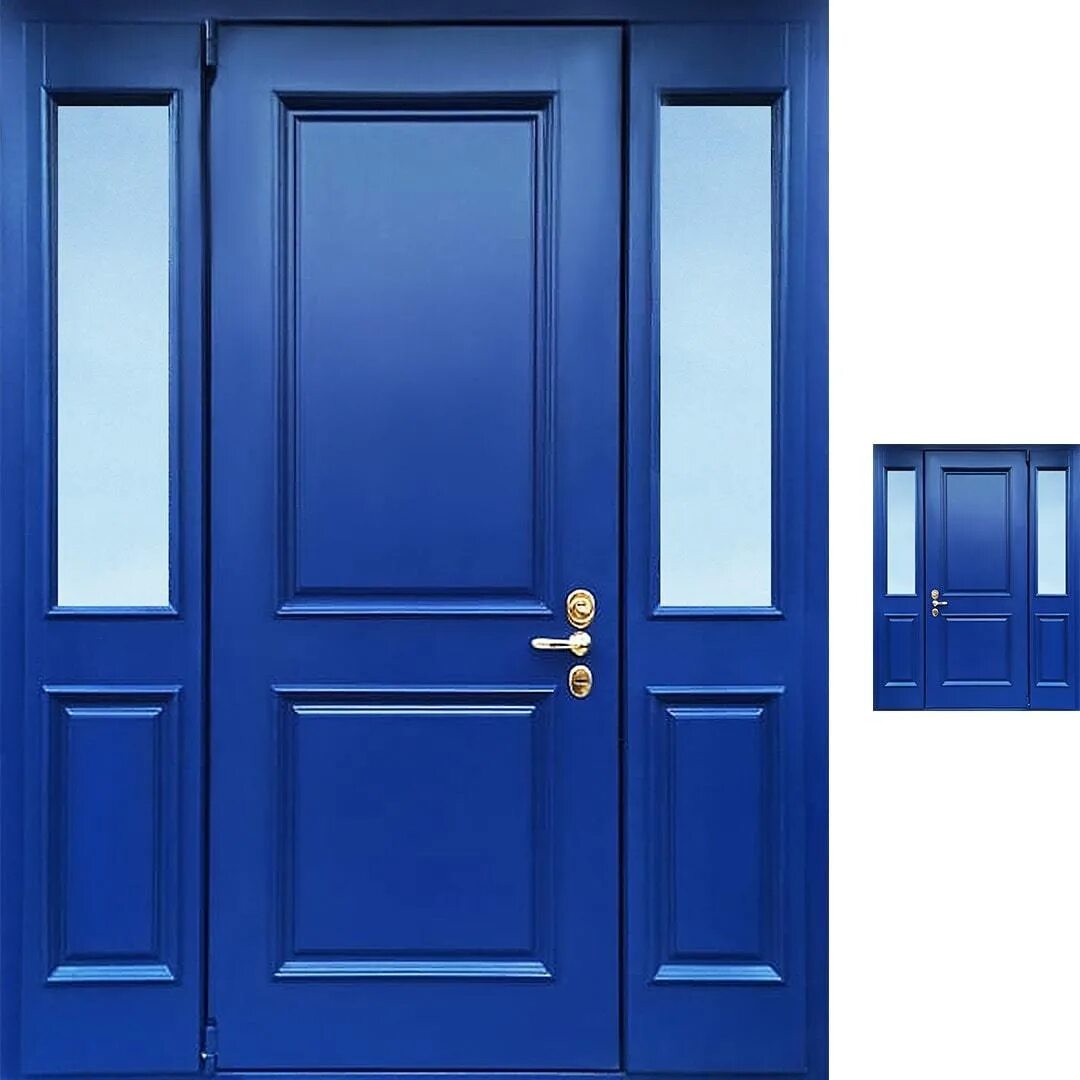 Синяя дверь. Входные двери Неман. Двустворчатые входные двери с терморазрывом. Дверь наружная сейф 960*2050 RAL 5005.