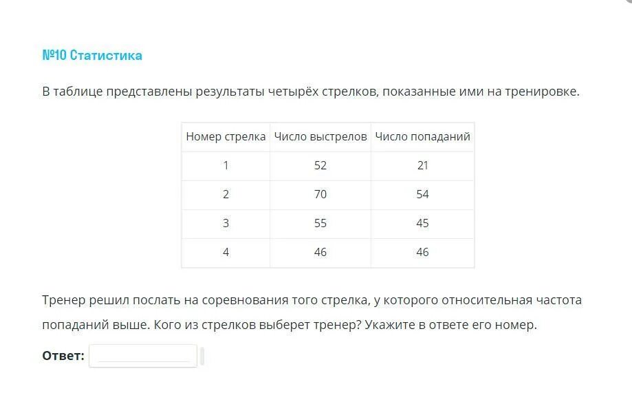 В таблице представлены Результаты тренировки спортсменов. Относительная частота попадания стрелка. Таблицы на тренировки ВПР. В таблице представлены Результаты четырёх Стрелков.