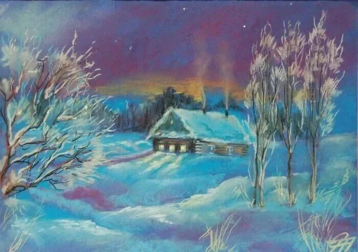 Рисуем зиму пастелью. Зимний пейзаж пастелью. зимний пейзаж гуашью. зимний пейзаж масляной пастелью. новогодний пейзаж пастелью.