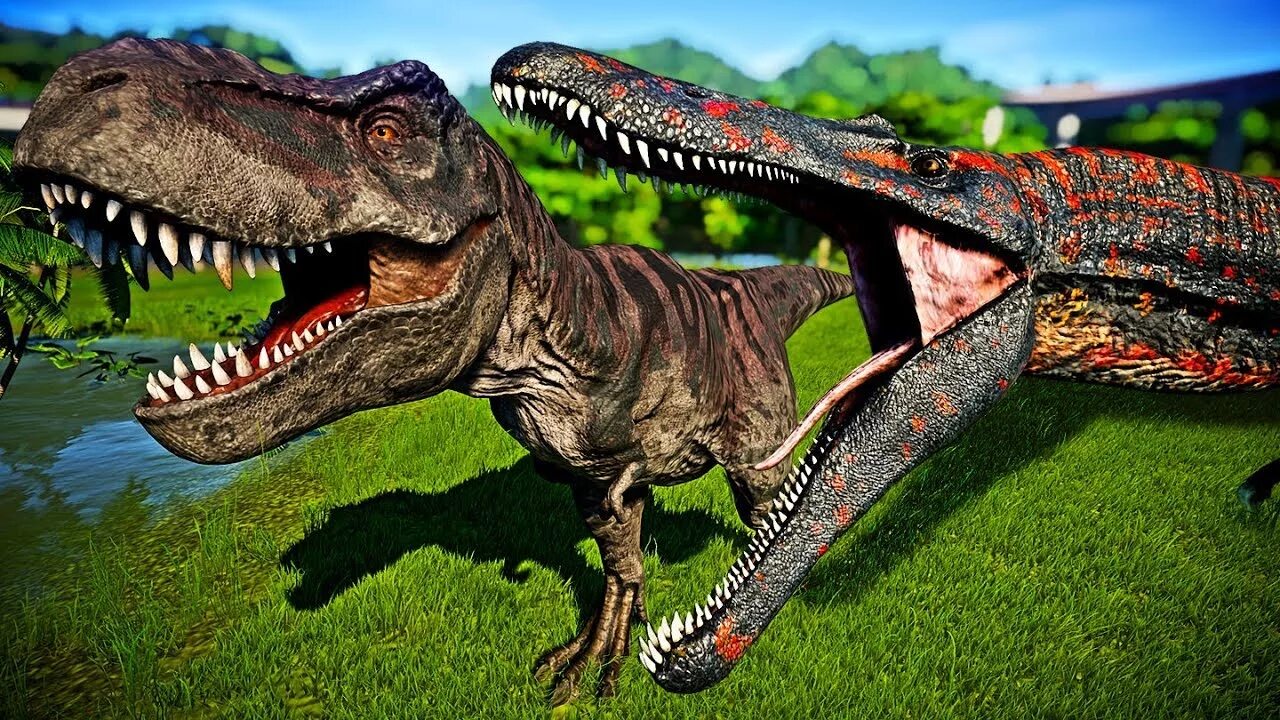 Кто сильнее гигантозавра. Тиранозавр Спинозавр гигантозавр. Тираннозавр рекс Jurassic World Evolution 2. Зухомим мир Юрского периода 2. Зухомим рекс джурасик ворлд Эволюшн.
