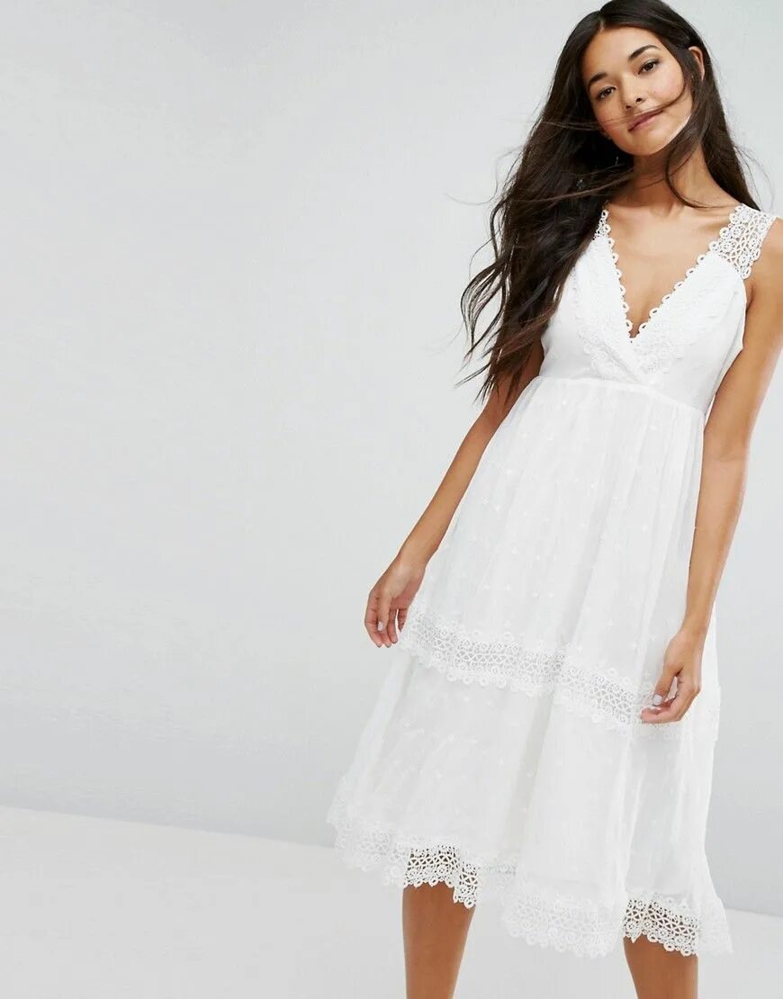 Vero Moda midi open tie back dress with frill detail in white L купить от 3325 р