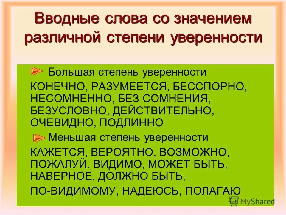 Вводные слова большая степень уверенности