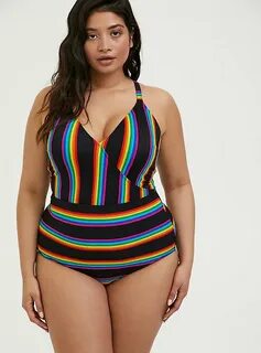 Plus Size - Black Rainbow Stripe Wireless One-Piece Swimsuit