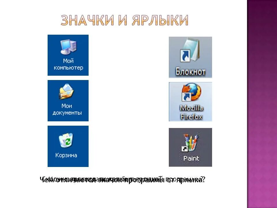 Ярлык программы. Значки и ярлыки на рабочем. Ярлыки и значки программ Информатика. Значок мой компьютер.