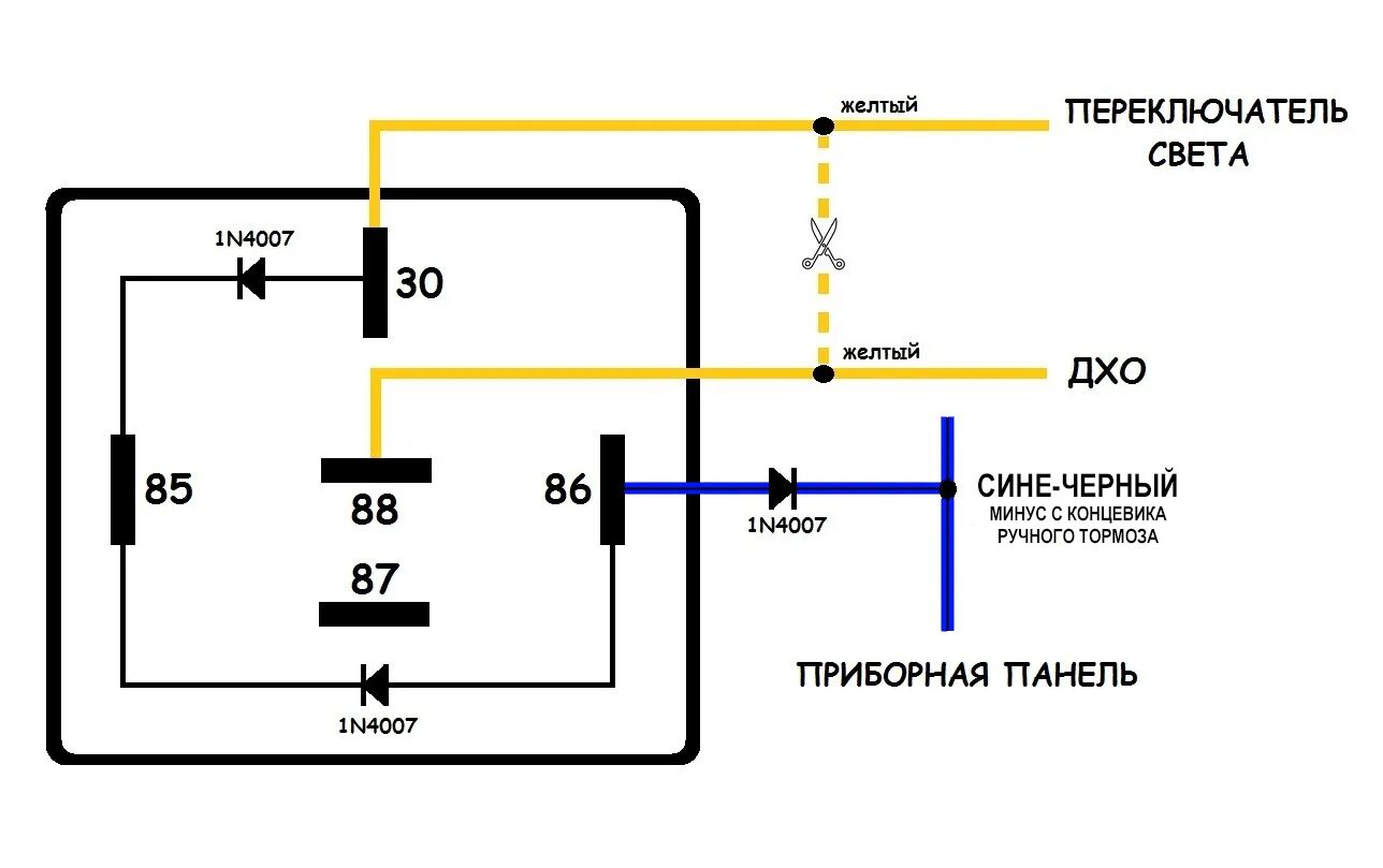 Отключение ручника. ДХО через ручник с 1 реле схема. ДХО схема ВАЗ 2121. Схема подключения ДХО через 4 контактное реле. Как на ВАЗ 2115 подключить ходовые огни.