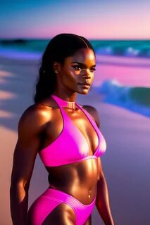 Dream foto of a very beautiful letitia wright on the beach in a pink bikini. dramatic...