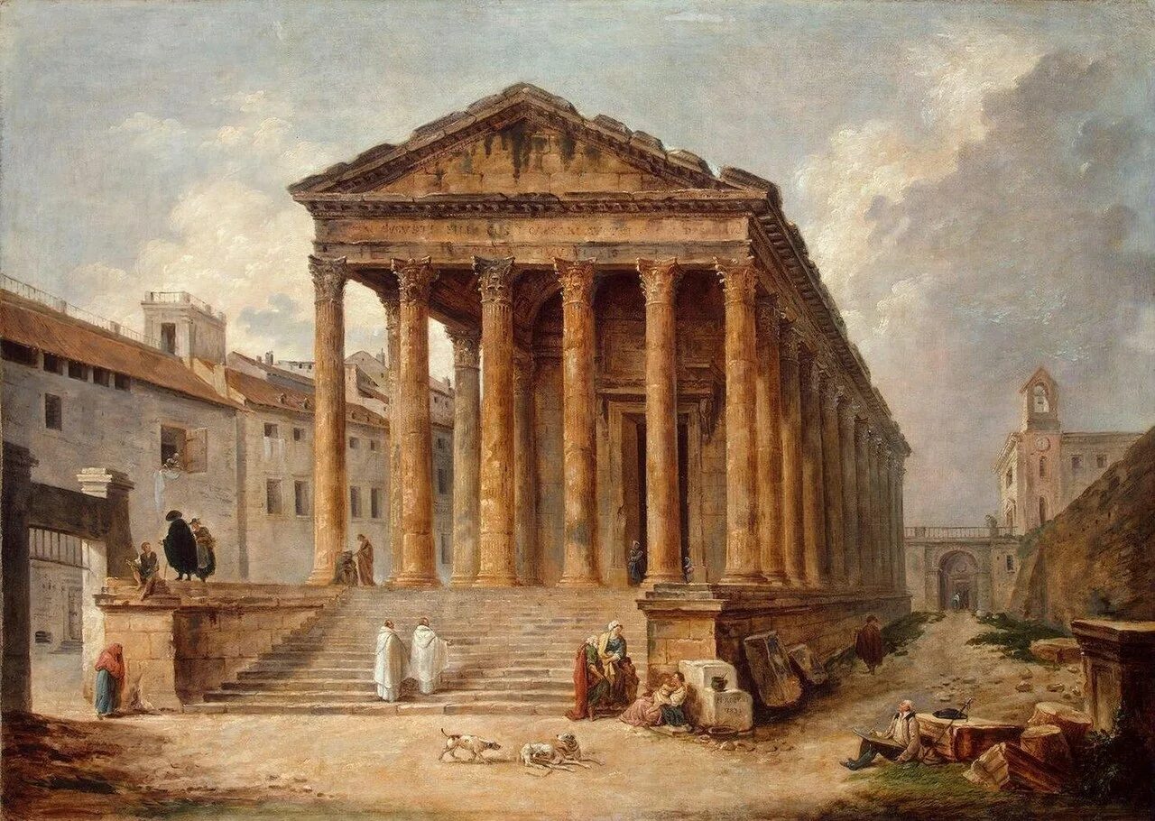 Юбер Робер (1733–1808). «Руины». Гюбер Робер античный храм. Древний Рим храм Мезон Карре. Гюбер Робер (Hubert Robert, 1733-1808, French).